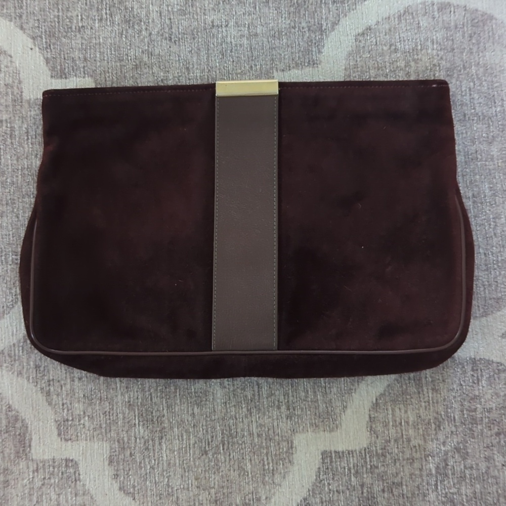 Vintage Dove Designer Suede Clutch, Deep Chocolate Color, Top Zip Closure